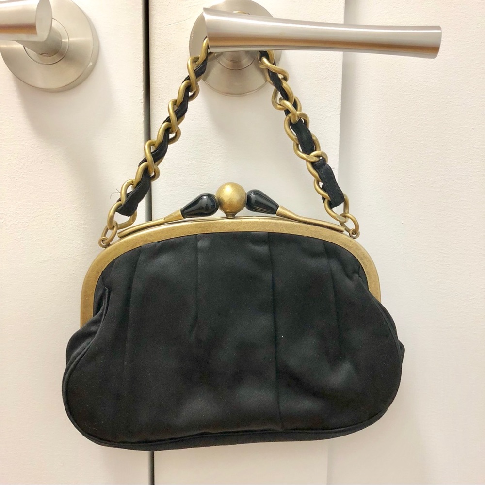 Jcrew black satin purse / clutch gold detail
